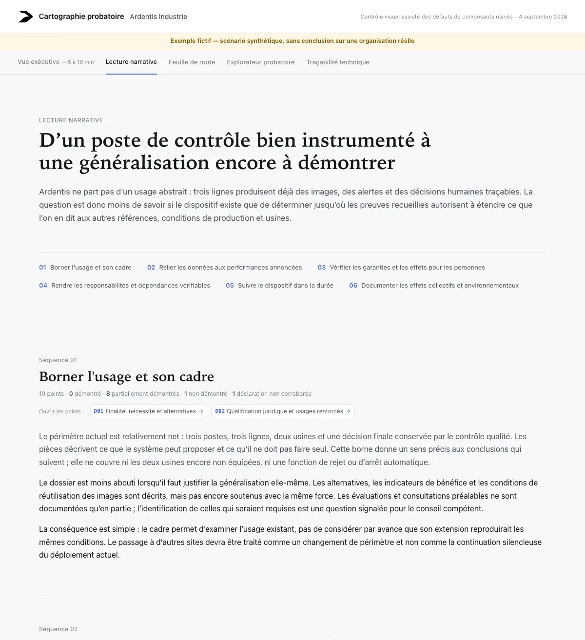 Vue « Lecture narrative » de la cartographie probatoire du dossier de démonstration Ardentis Industrie : titre « D’un poste de contrôle bien instrumenté à une généralisation encore à démontrer », texte d’introduction, index des 6 séquences, puis la première séquence et les domaines qu’elle ouvre.