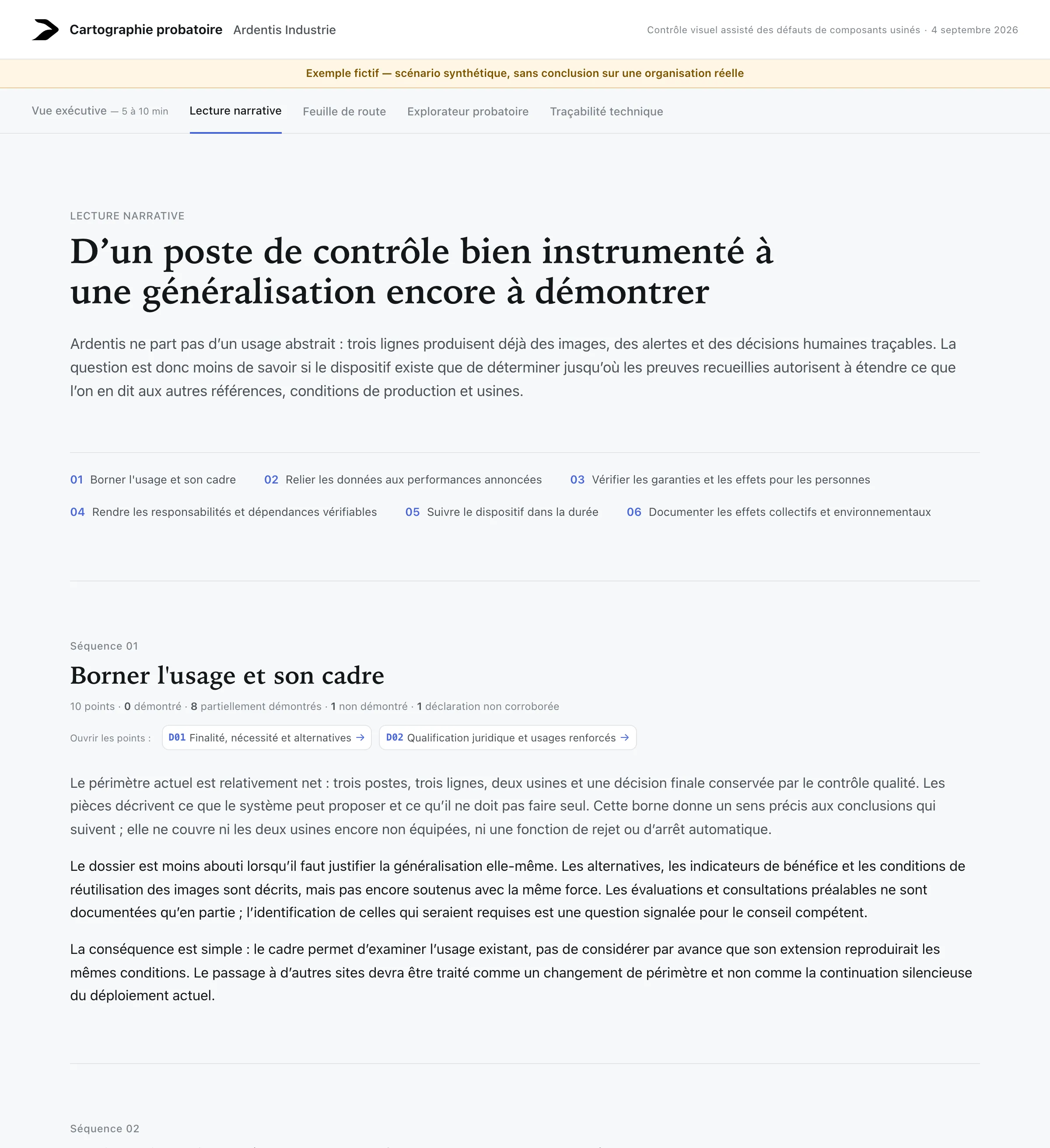 Onglet « Lecture narrative » réel : cartographie narrative, « Comprendre le dossier, puis organiser ce qui reste à établir », et ses 6 séquences.