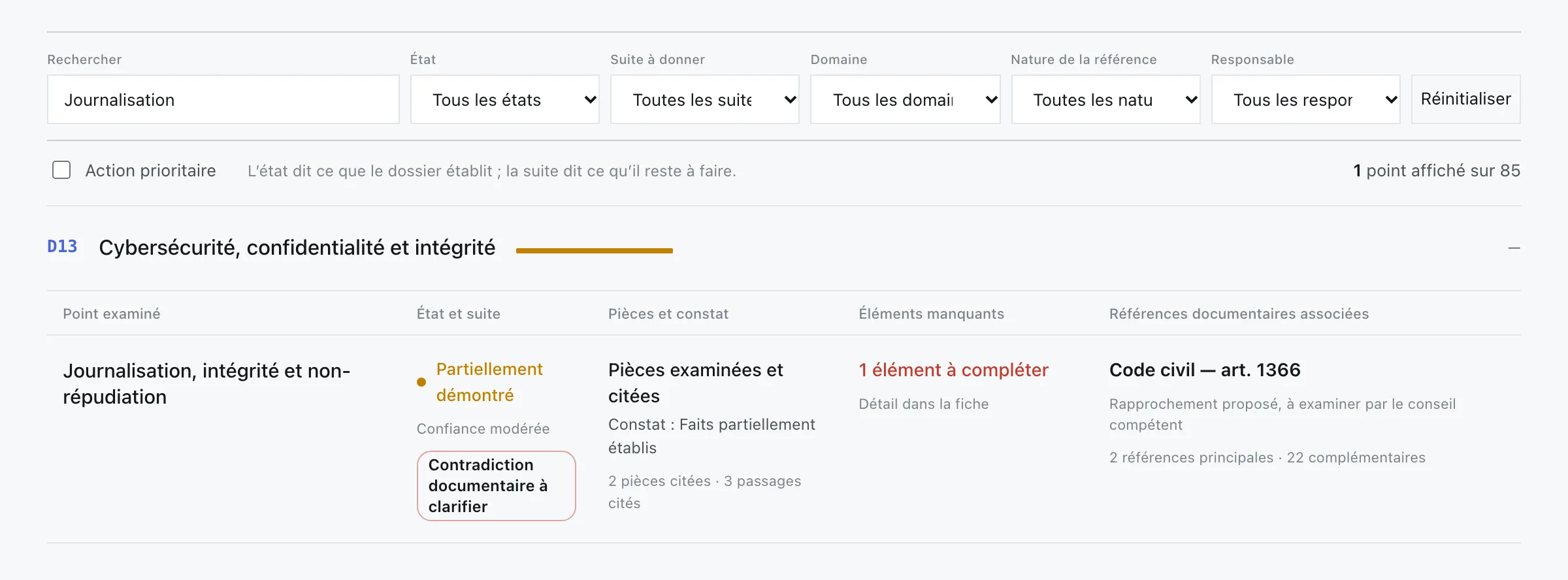 Explorateur probatoire réel, recherche « Journalisation » : 1 point affiché sur 85, CONC-0064 « Journalisation, intégrité et non-répudiation », partiellement démontré, référence associée Code civil — art. 1366.