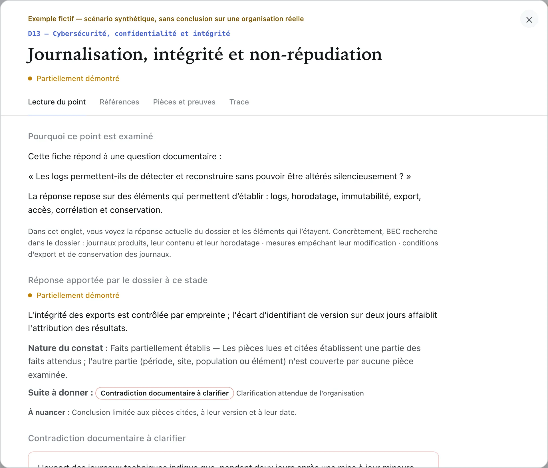 Fiche réelle du point CONC-0064, onglet « Lecture du point » : état, réponse apportée par le dossier et sa limite, entourée.