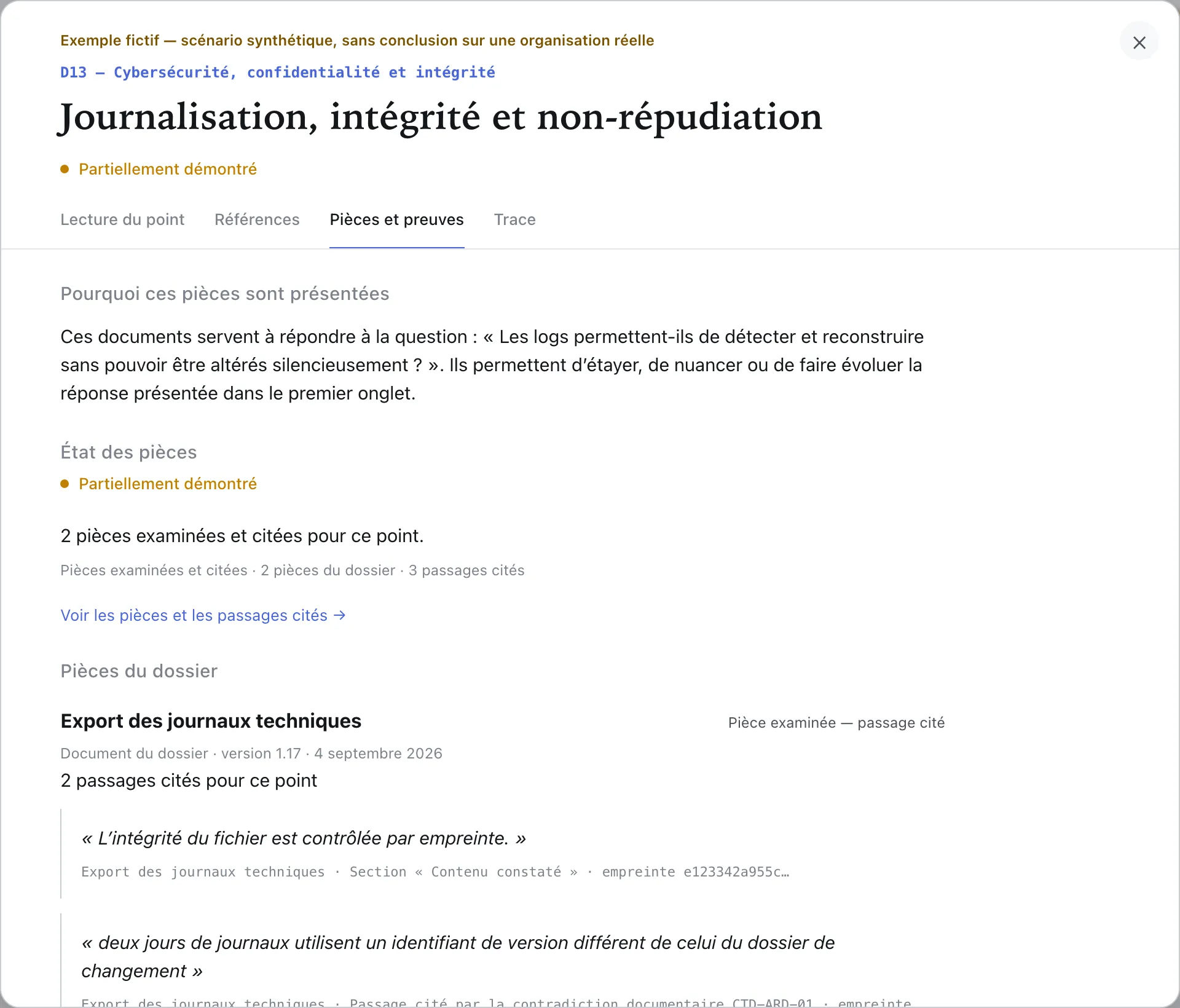 Fiche réelle du point CONC-0064, onglet « Pièces et preuves » : la pièce DOC-ARD-017 « Export des journaux techniques » et son passage cité, entouré, avec son empreinte.