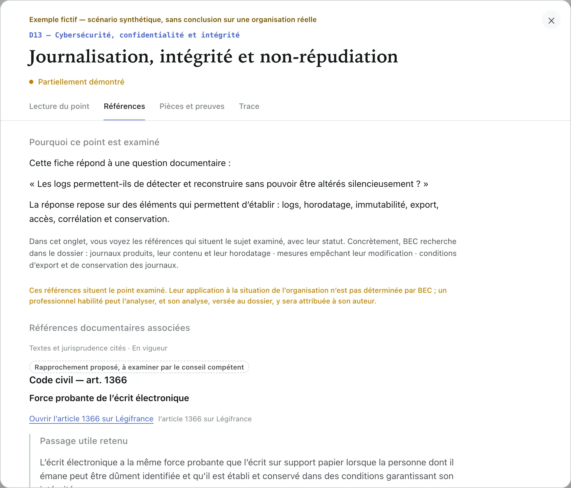 Fiche réelle du point CONC-0064, onglet « Références » : la référence associée Code civil — art. 1366, son statut et son lien vers la source primaire, entourés.
