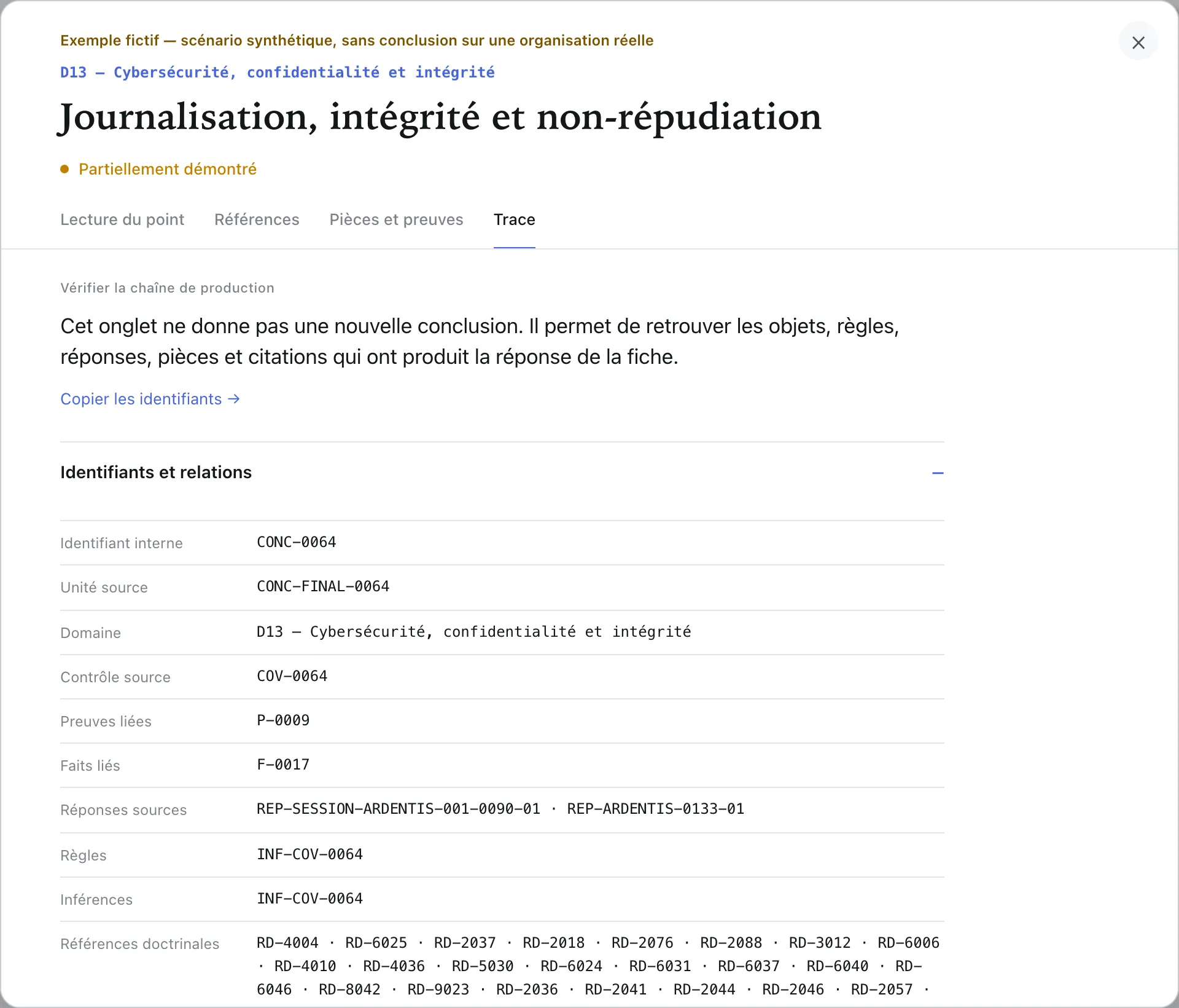 Fiche réelle du point CONC-0064, onglet « Trace » : identifiants et relations du point, entourés.