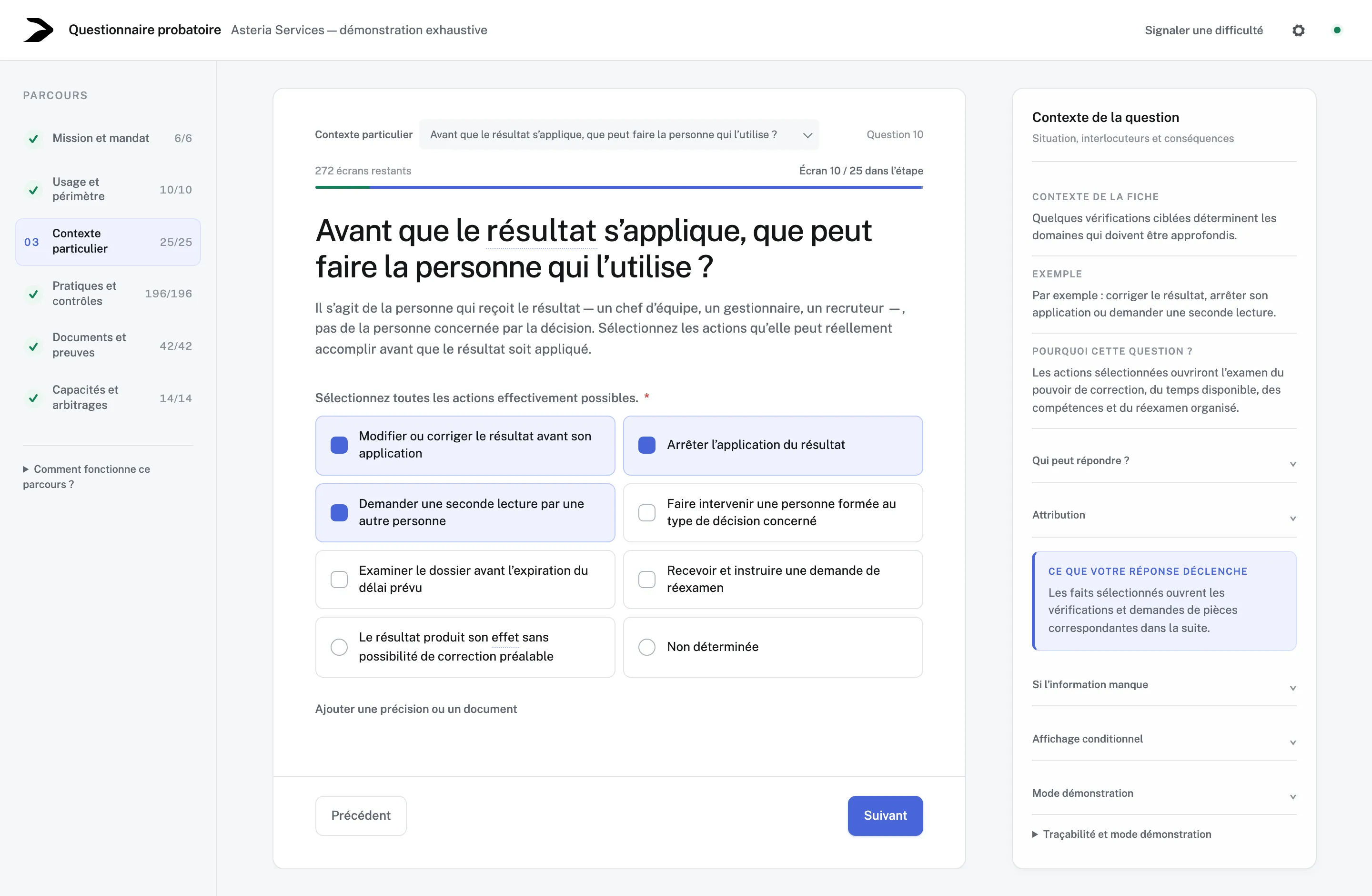 Interface réelle du questionnaire probatoire, session de démonstration Asteria Services : question « Que peut faire une personne avant que le résultat produise son effet ? » avec ses choix cochés, et panneau « Contexte de la question » (contexte de la fiche, exemple, pourquoi cette question, ce que votre réponse déclenche).