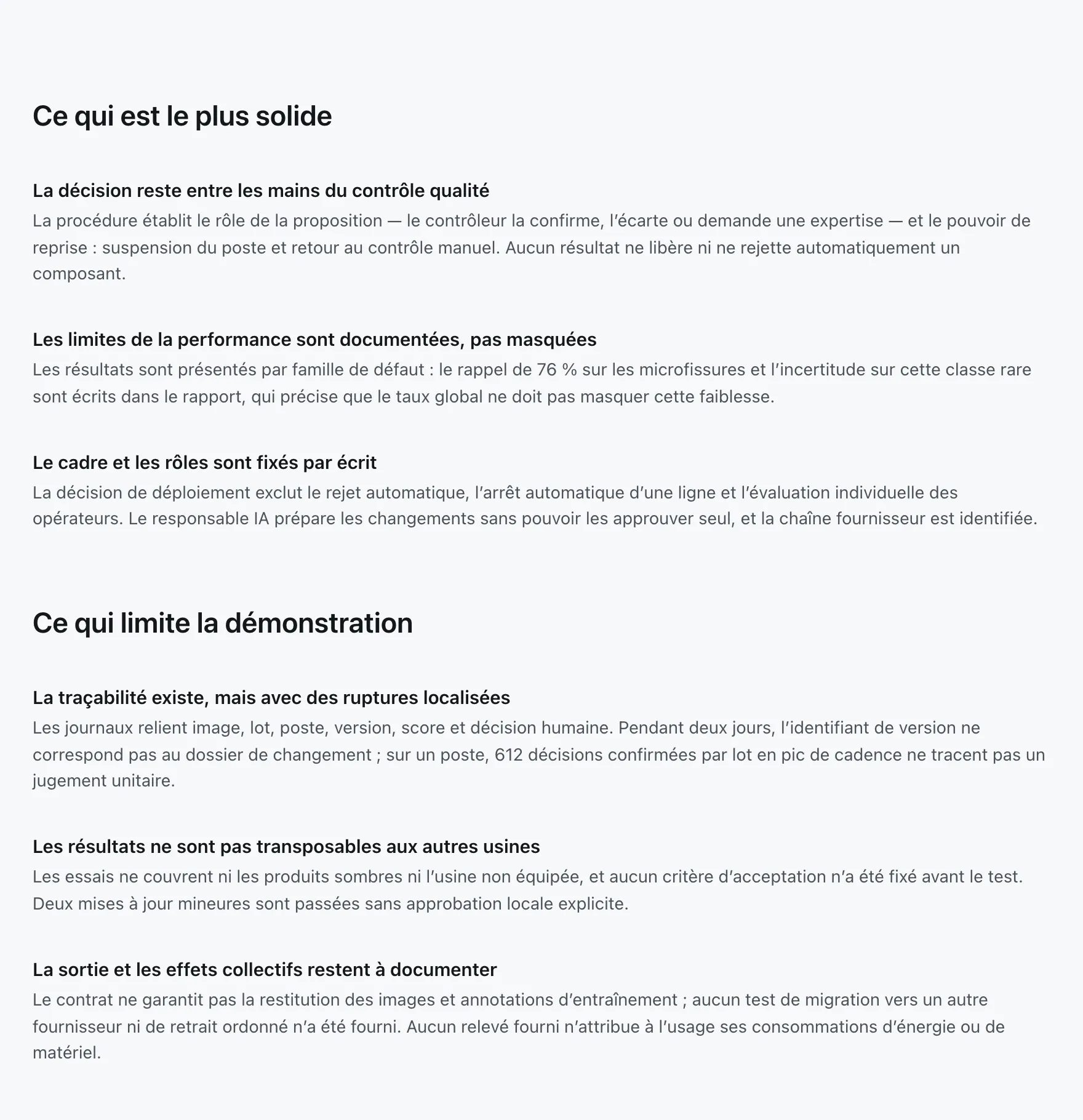 Vue exécutive réelle, partie « Ce qui est le plus solide » : trois constats et ce qui les soutient.